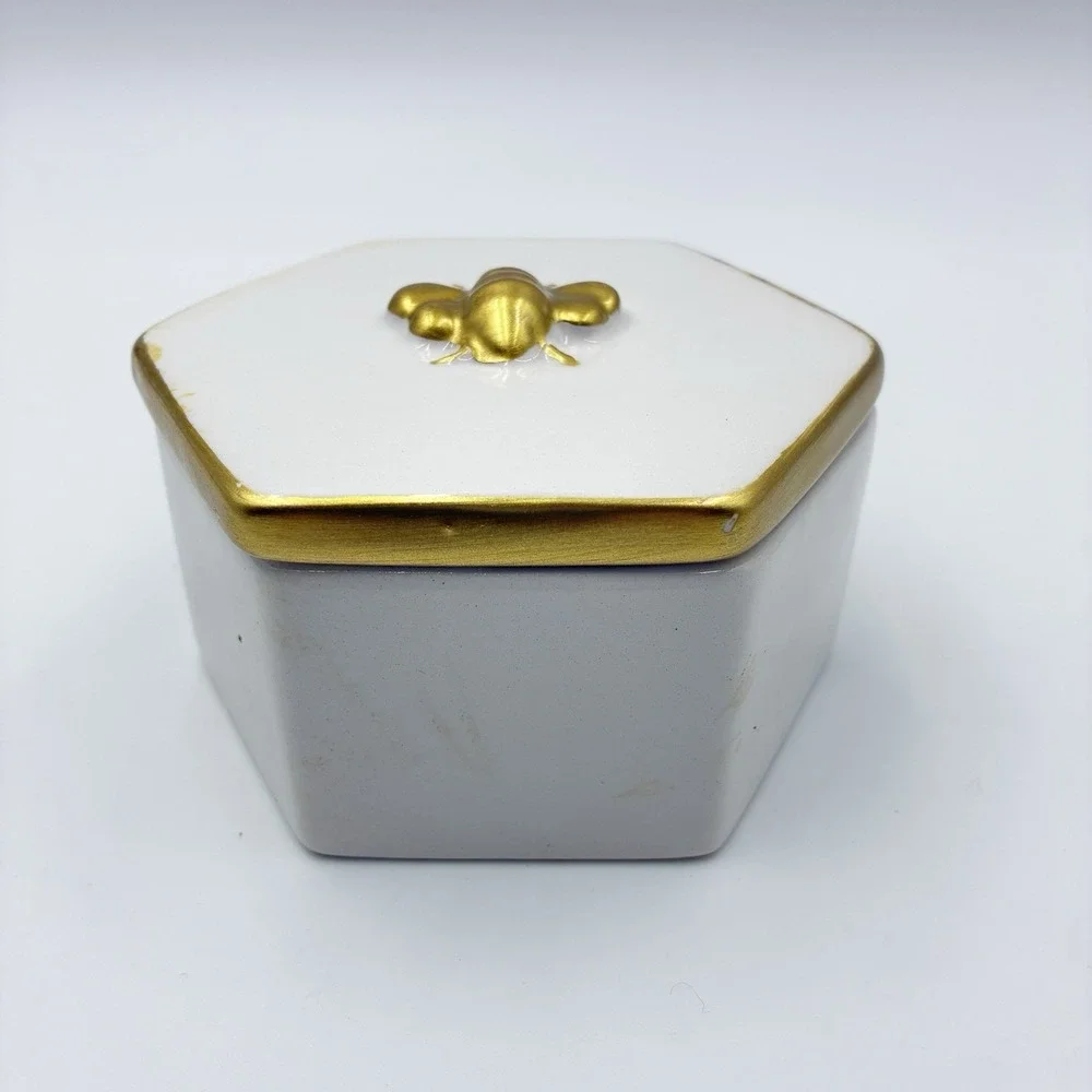 White Gold Trinket Jewelry Vanity Holder Box With Bee Hand Painted Octagon Shape